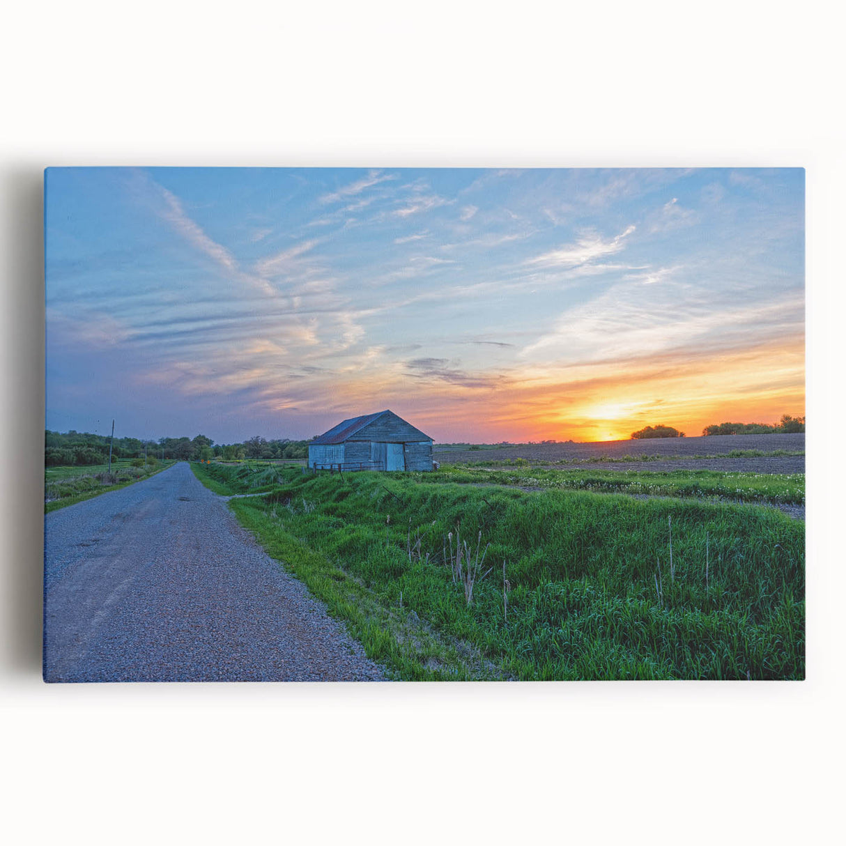 Black and white photo of Iowa scenery on large stretched canvas, suitable for kitchen wall art.