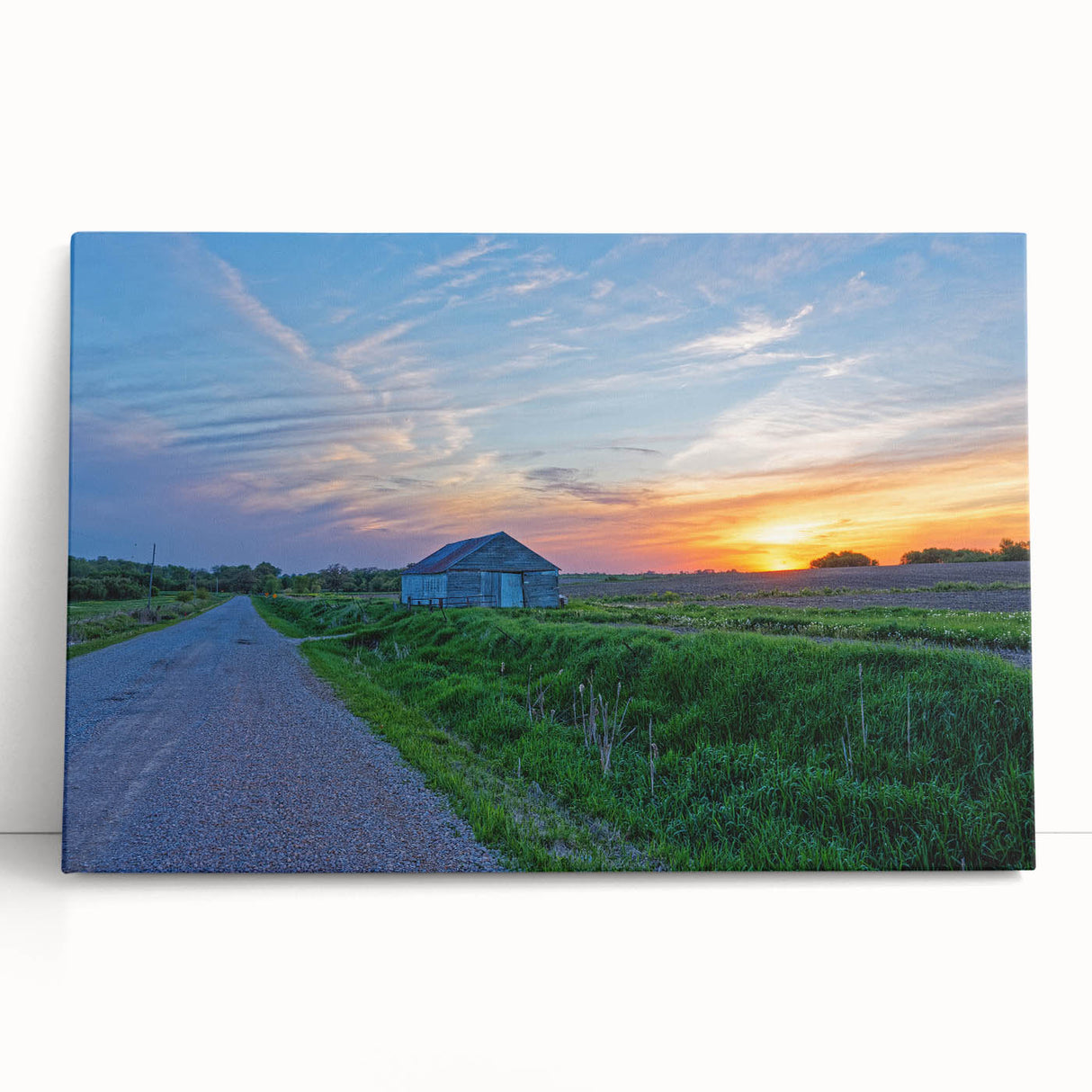 Black and white photo of Iowa scenery on stretched canvas, suitable as large kitchen wall art or bedroom decor.