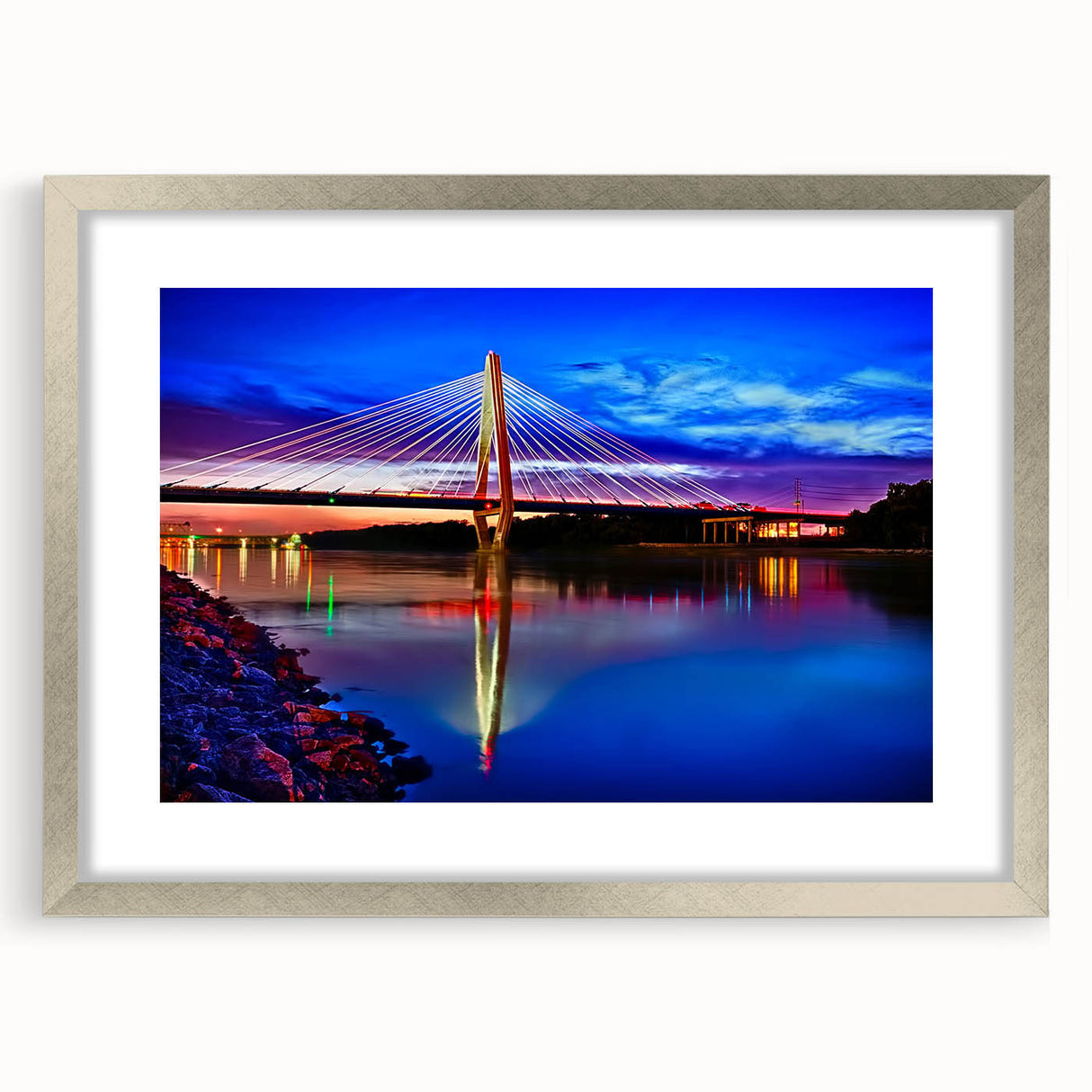Textured abstract art print depicting a muted Kansas landscape on a framed silver mat, ideal for bedroom art.