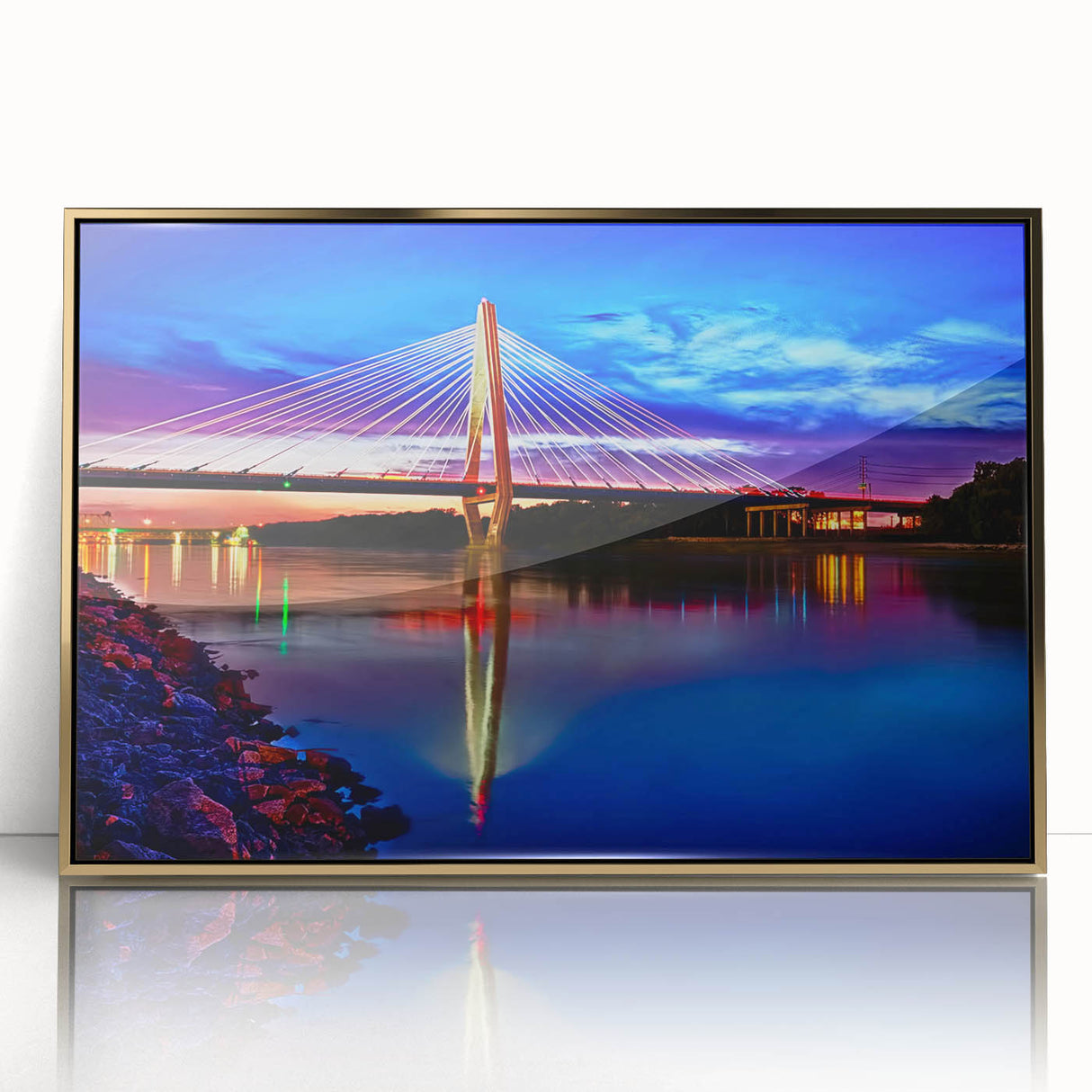 Mid-century modernist acrylic print of Kansas scenery with gold framing, suitable for modern art wall decor.