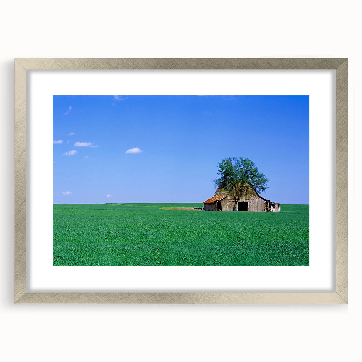 Textured abstract art print depicting a soft-hued Kentucky landscape on a silver-framed mat, suitable for bedroom art.