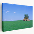 Large art depicting a serene Kentucky landscape on stretched canvas, with green and blue tones, ideal for kitchen wall art.