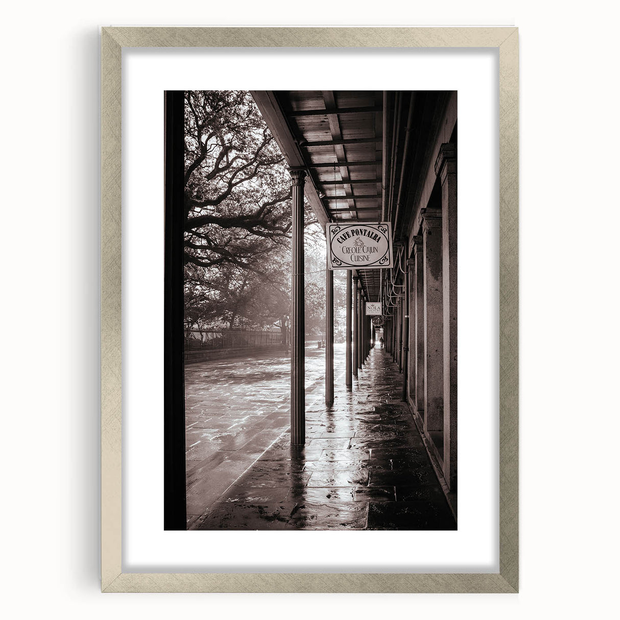 Textured abstract art print depicting a muted New Orleans cityscape on a silver-framed canvas, suitable for bedroom decor.