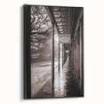 Black and white vintage poster art of a New Orleans landscape on framed canvas, ideal for bedroom wall decor.