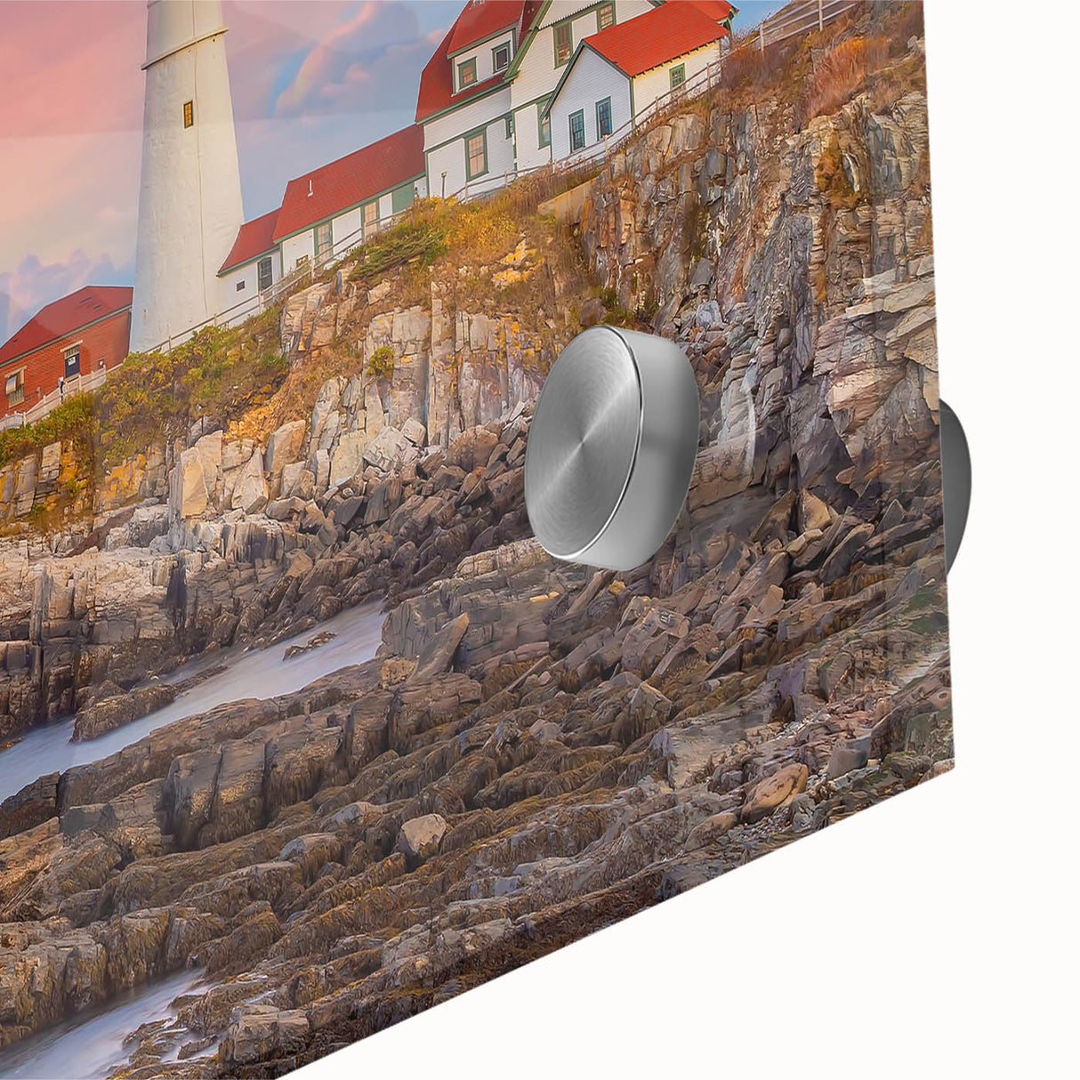 Large abstract depiction of Acadia, Maine in mid-century modernist style on acrylic glass, with cool blue and green hues.