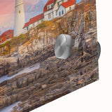 Large abstract depiction of Acadia, Maine in mid-century modernist style on acrylic glass, with cool blue and green hues.