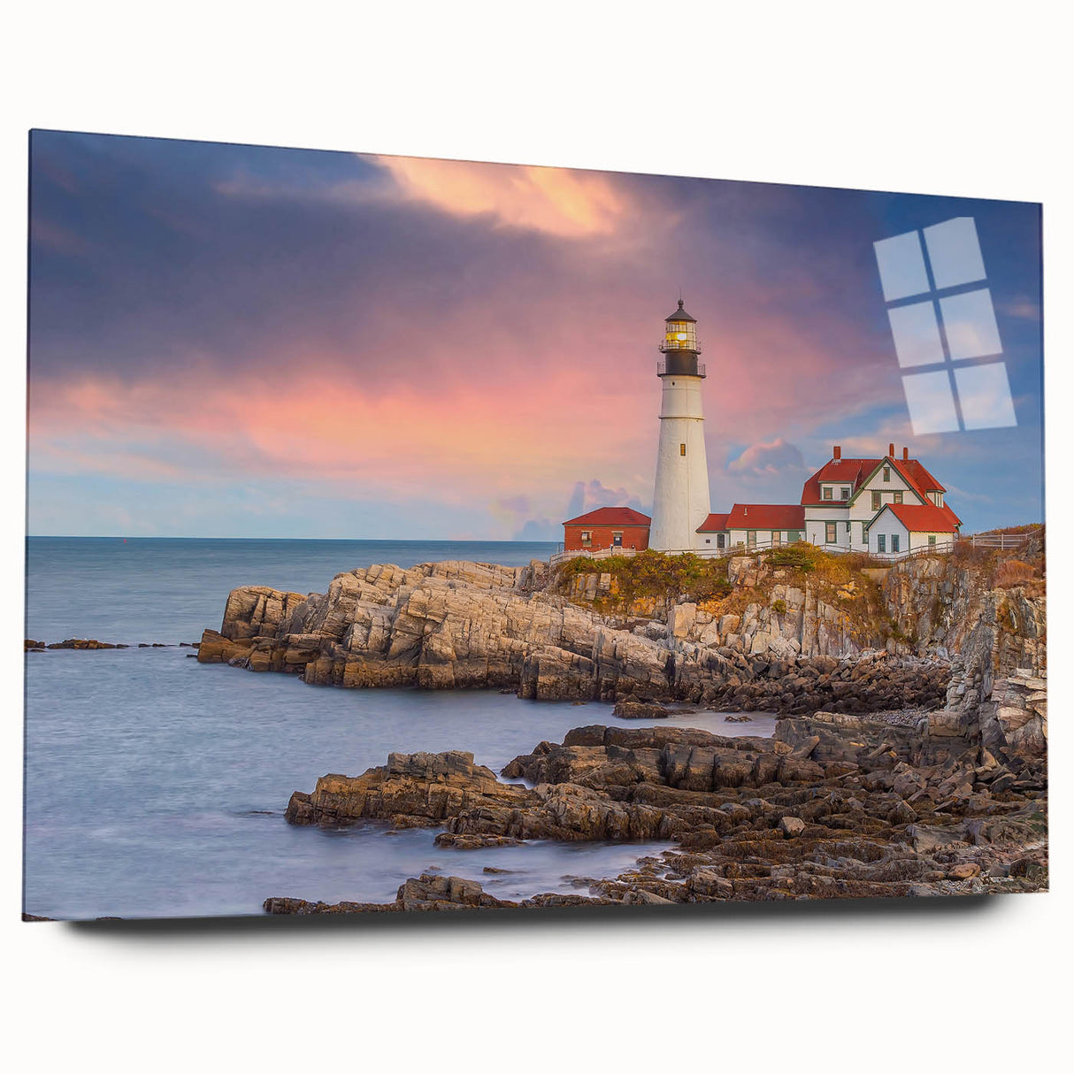 Acrylic print of Acadia's rocky coastline in muted blue and gray tones, suitable for bedroom or dining room decor.