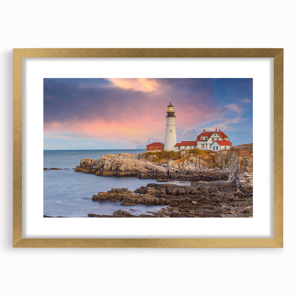 Extra large abstract art print of Acadia, Maine, featuring textured blue and gray tones on a gold-framed canvas.