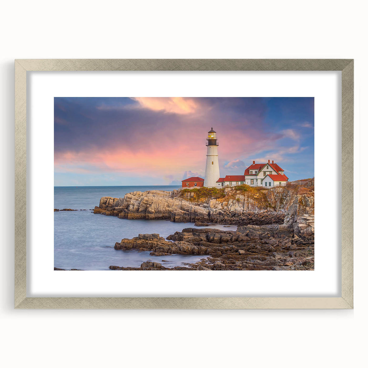 Textured abstract art print depicting Maine's Acadia scenery in muted earth tones, framed in silver, ideal for bedroom art.