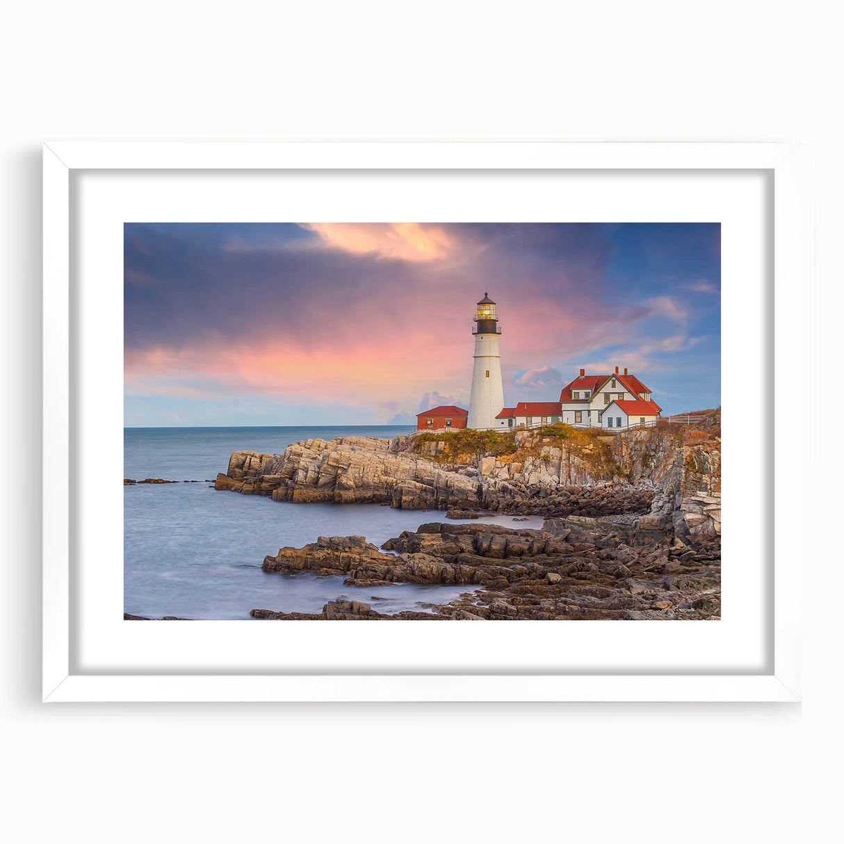 Abstract art print of Acadia, Maine, in muted earth tones on a framed white mat, suitable for dining room decor.