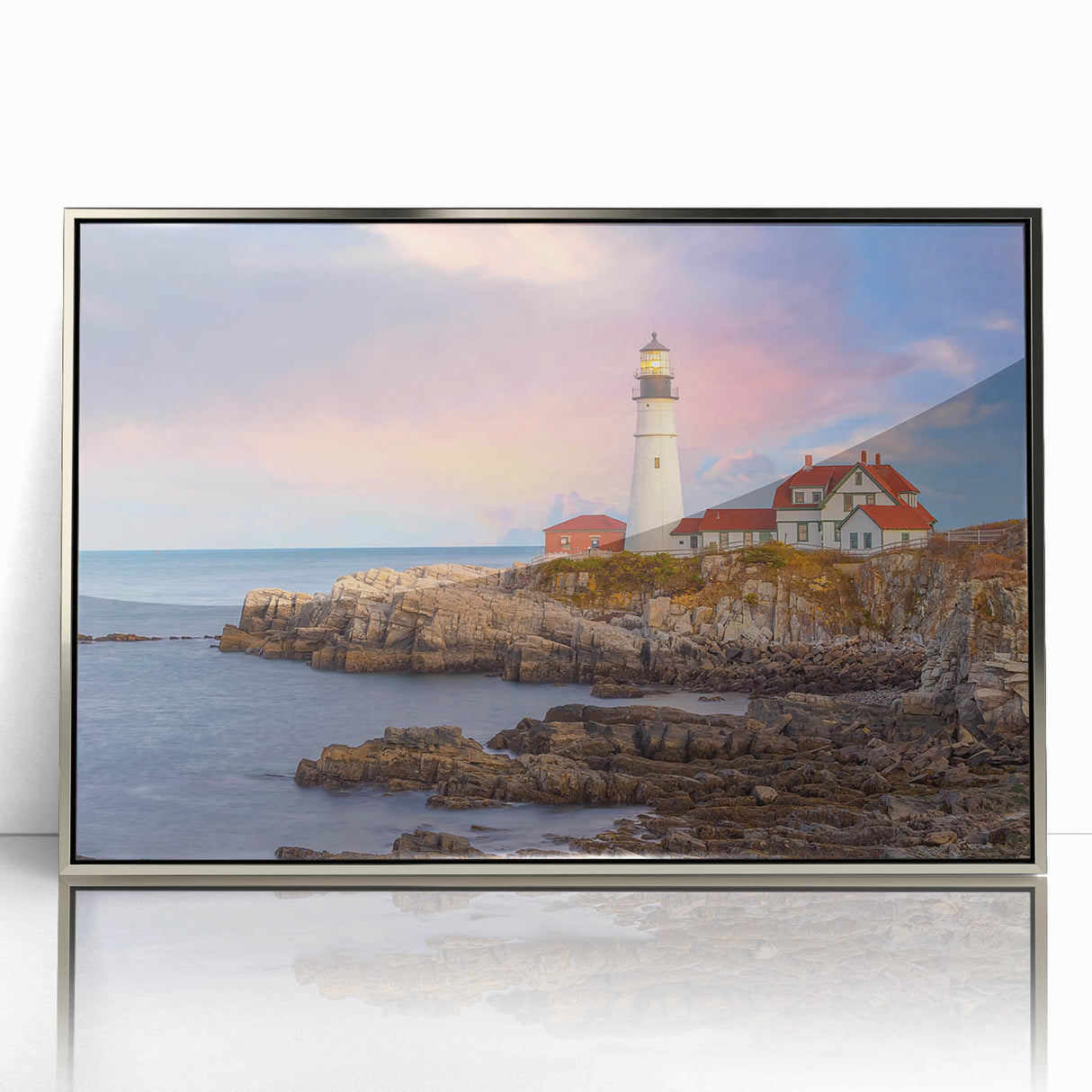 Mid-century modernist art depicting Acadia's landscape in muted earth tones on a silver-framed acrylic print.