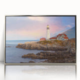Mid-century modernist art depicting Acadia's landscape in muted earth tones on a silver-framed acrylic print.