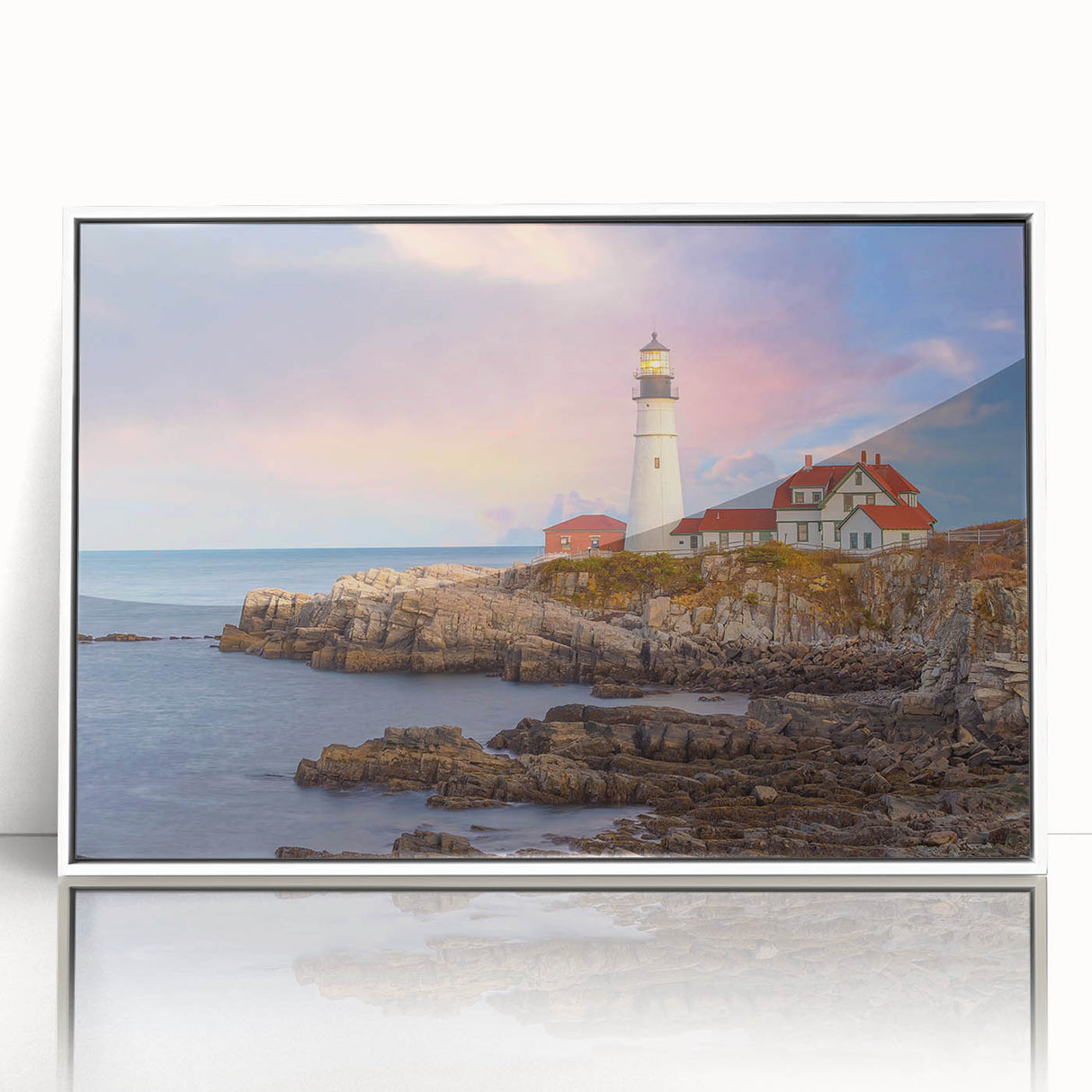 Acadia National Park scenery in art deco style on a white-framed acrylic, featuring serene blue and green tones.