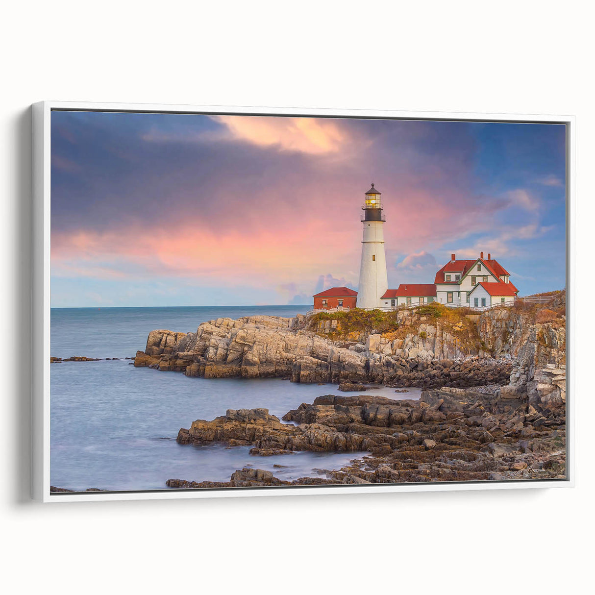 Vintage poster art depicting Acadia, Maine, with colorful scenery on extra large framed canvas, suited for living room decor.