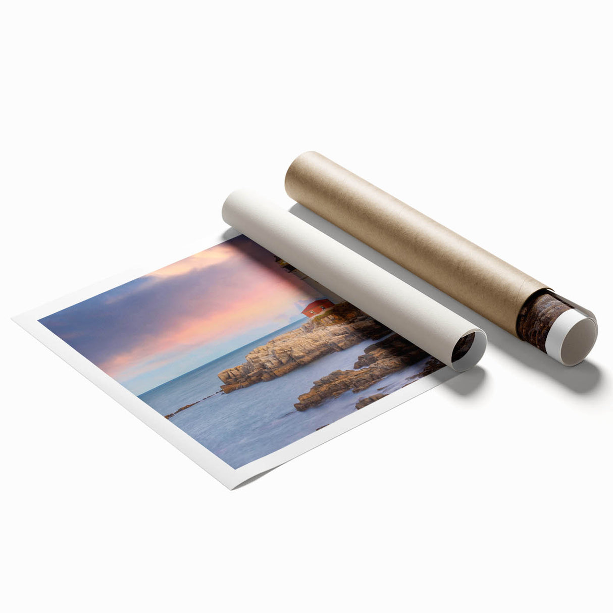 Extra large rolled print of Acadia's scenic landscape in muted earth tones, ideal for classy bathroom wall art.