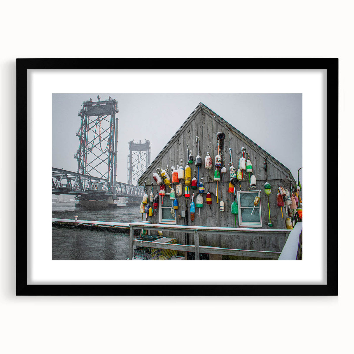 Extra large textured abstract art print of colorful Maine scenery in a black frame, ideal for living room decor.