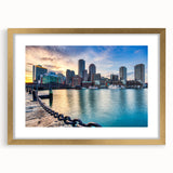 Extra large abstract art print of Boston skyline, in gold frame with mat, featuring textured design in muted colors.