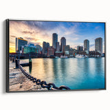 Black and white framed canvas of Boston landscape, ideal for bedroom wall art in vintage poster style.