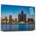 Acrylic print of a large abstract depiction of Detroit's skyline in cool blue and gray tones.