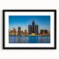 Extra large abstract art print of colorful, textured Detroit skyline on a framed black mat, ideal for living room decor.