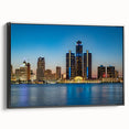 Black and white framed canvas of Detroit landscape with vintage poster art style, suitable for bedroom decor.