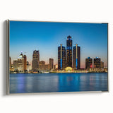 Framed canvas of a vintage Detroit landscape with colorful art in black tones, ideal for living room decor.