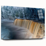 Acrylic print of a serene Michigan Upper Peninsula landscape in muted earth tones, ideal for bedroom or dining room decor.
