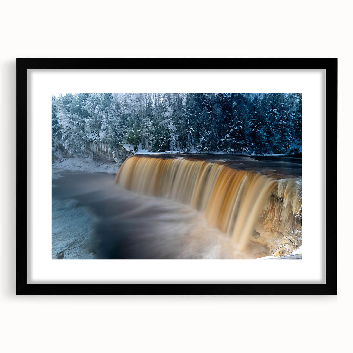 Colorful abstract art print of Michigan's Upper Peninsula in vibrant hues on a textured canvas, framed in black.