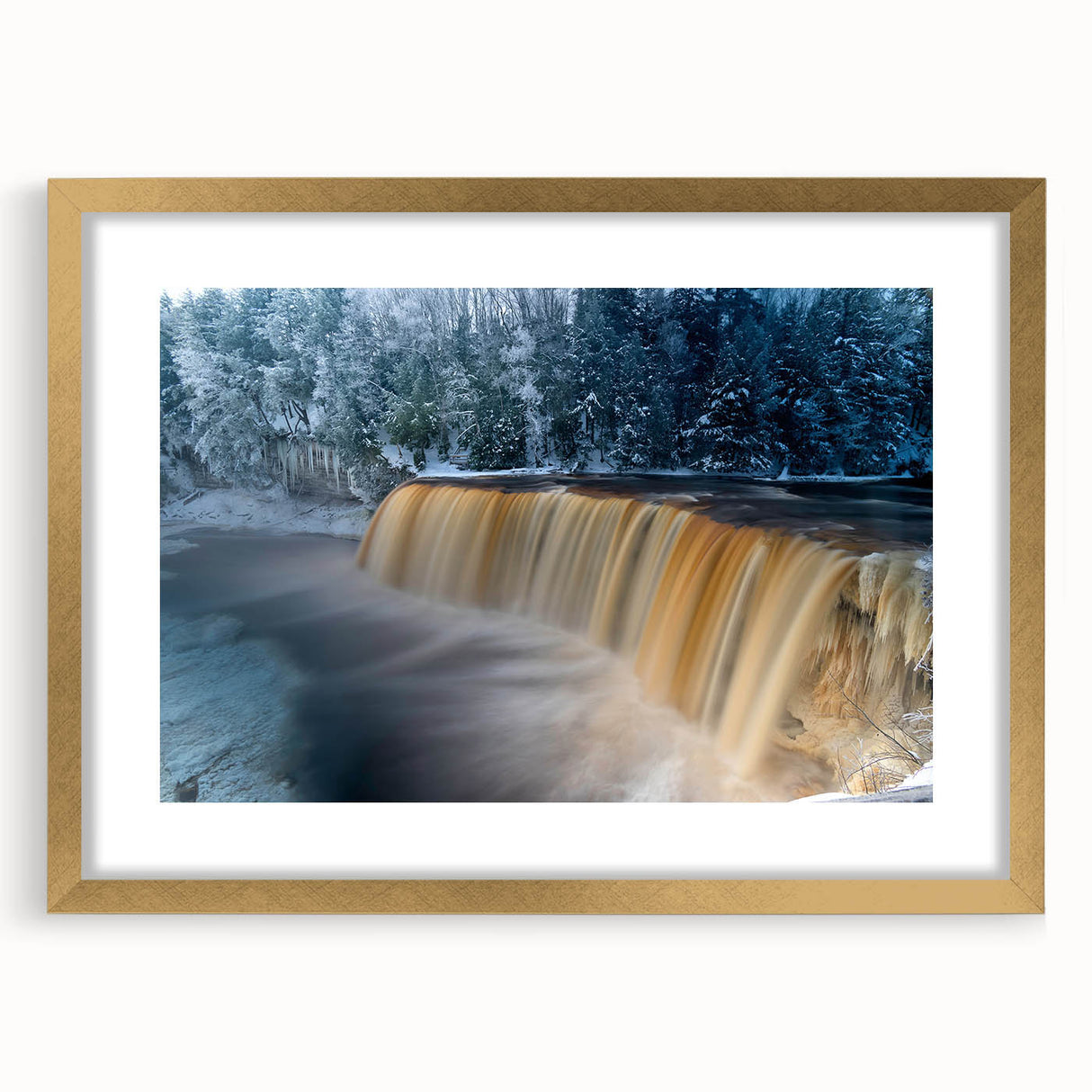Extra large abstract art print depicting Michigan's Upper Peninsula in textured tones of blue and green on a framed canvas.
