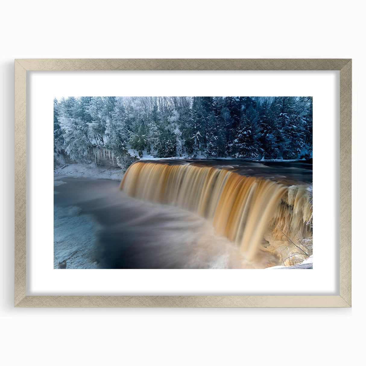 Textured abstract art print of Michigan's Upper Peninsula in muted earth tones on a framed canvas.