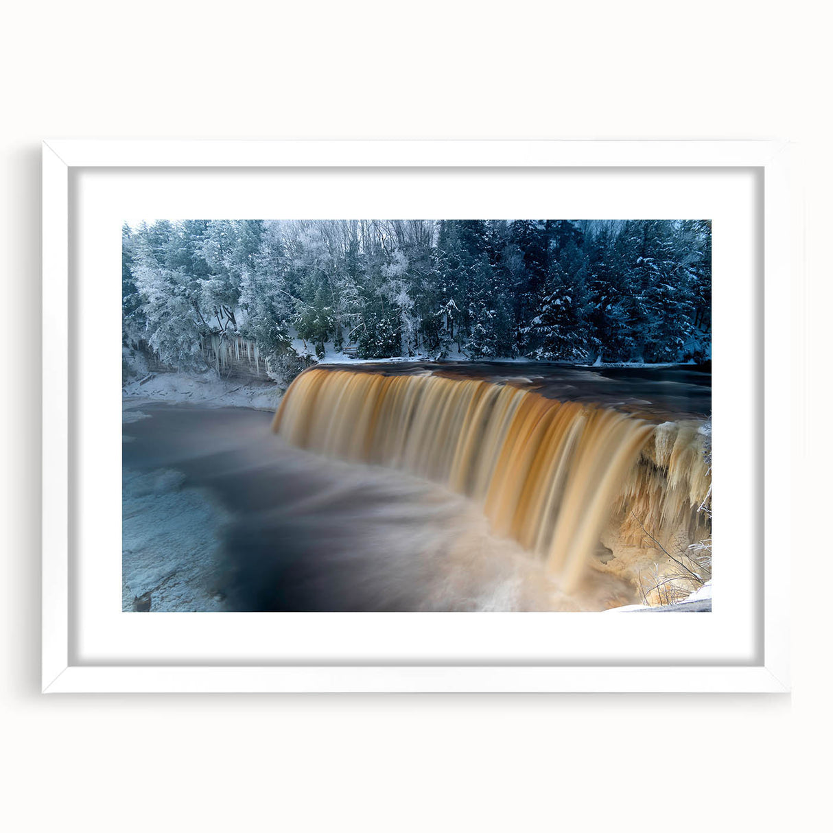 Abstract art print of Michigan's Upper Peninsula in muted green and blue tones, framed with a white mat.