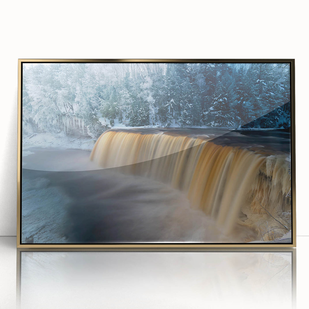 Acrylic print of a Michigan Upper Peninsula landscape in gold frame, ideal for modern art wall decor.