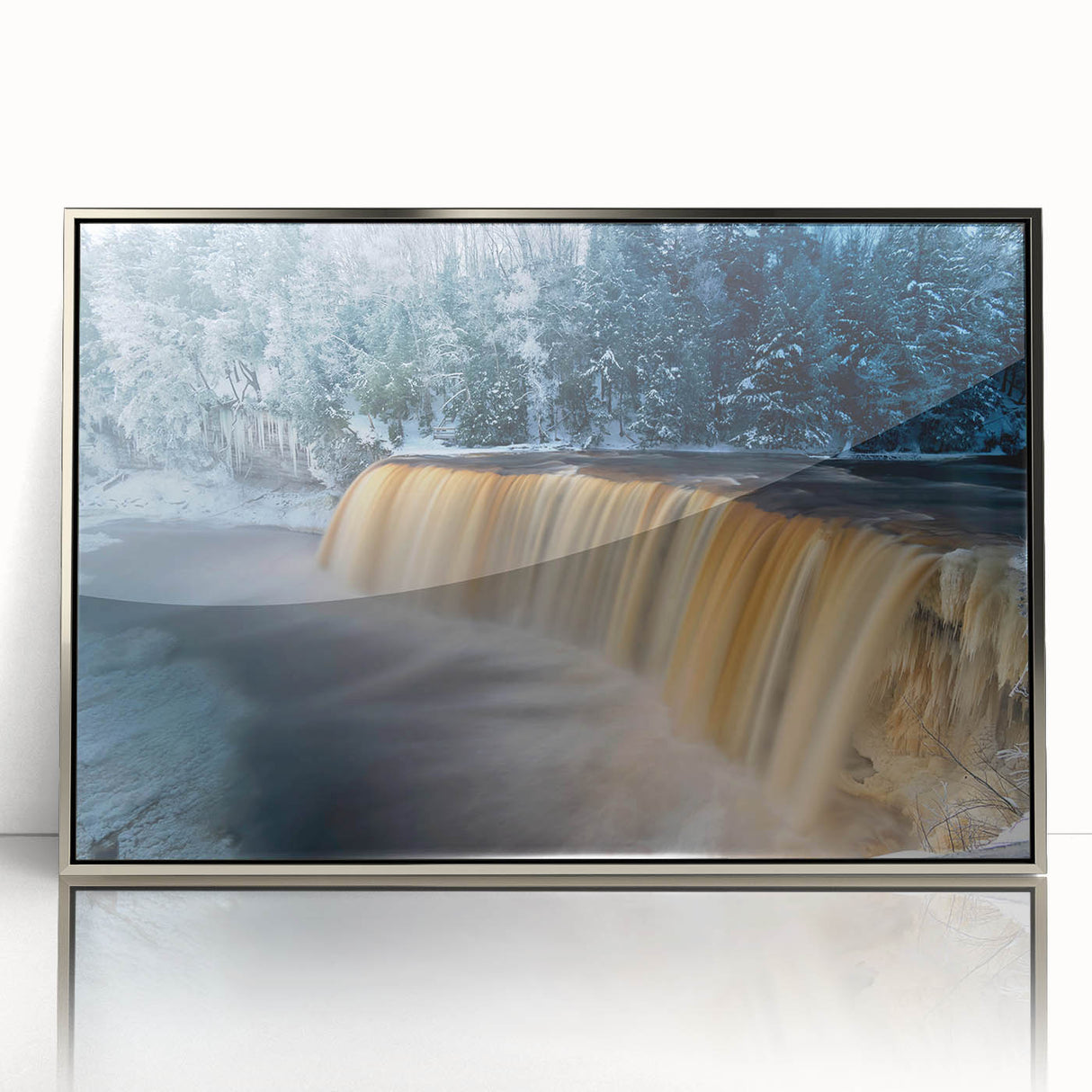 Mid-century modernist art depicting Michigan's Upper Peninsula in muted earth tones on a silver-framed acrylic print.