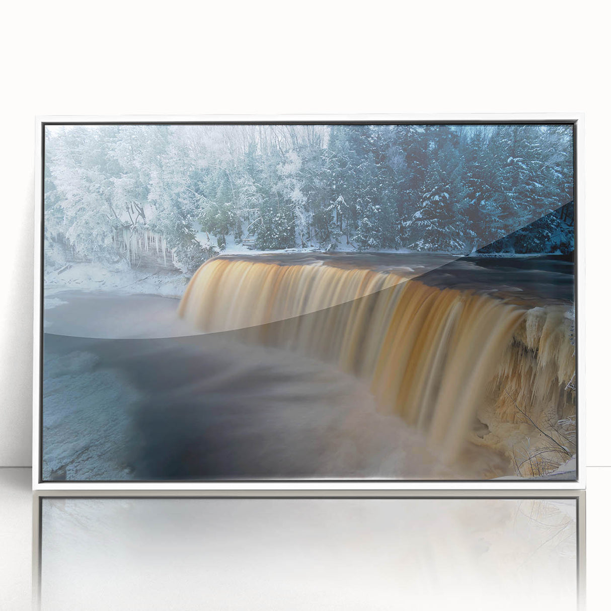Acrylic print of a serene Michigan Upper Peninsula landscape in soft hues, framed in white.