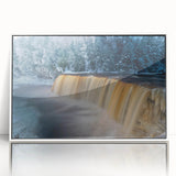 Acrylic print of a serene Michigan Upper Peninsula landscape in soft hues, framed in white.