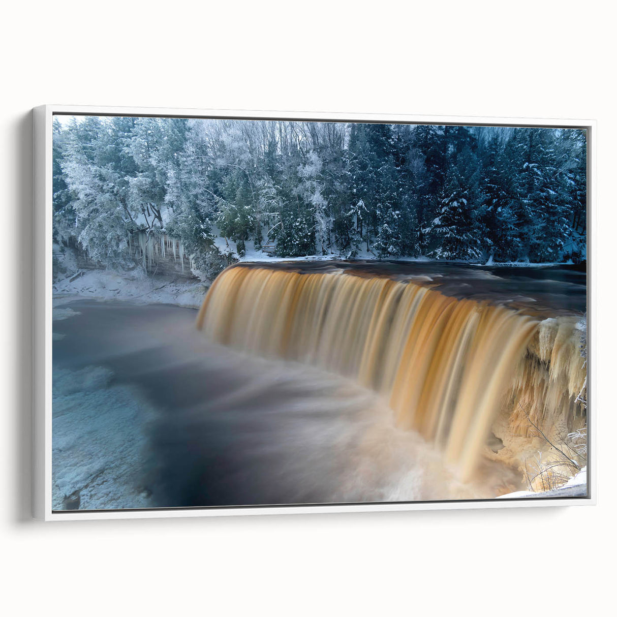 Vintage poster art of Michigan's Upper Peninsula in colorful hues on a large framed canvas, suitable for living room decor.