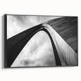 Framed canvas featuring a black and white vintage poster art of the St. Louis skyline, ideal for bedroom wall decor.