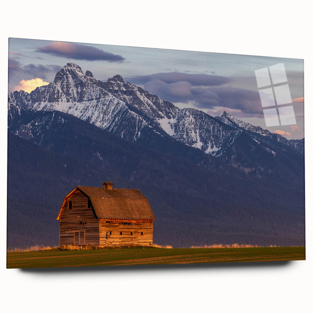 Large abstract wall art depicting a Montana landscape in muted earth tones on acrylic glass.
