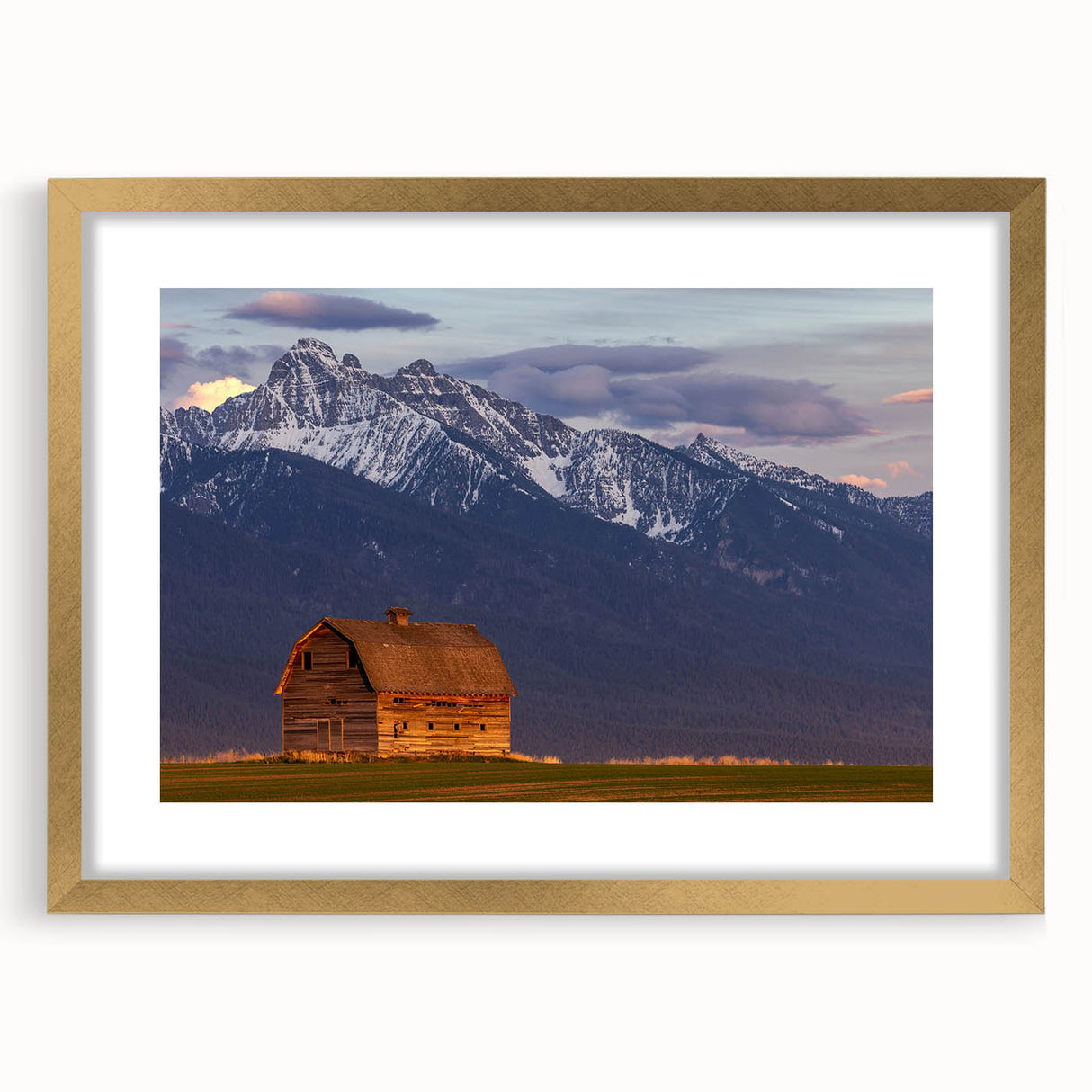 Extra large abstract art print depicting Montana scenery in textured gold frame, suitable for living room decor.
