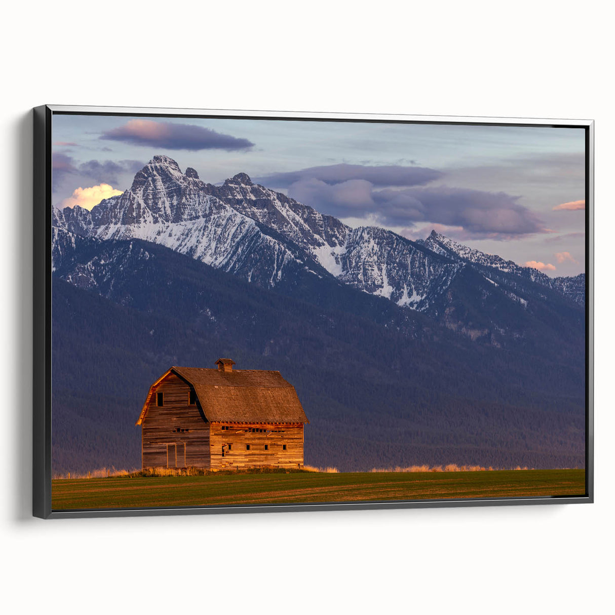 Black and white framed canvas of a Montana landscape, ideal for bedroom wall decor.