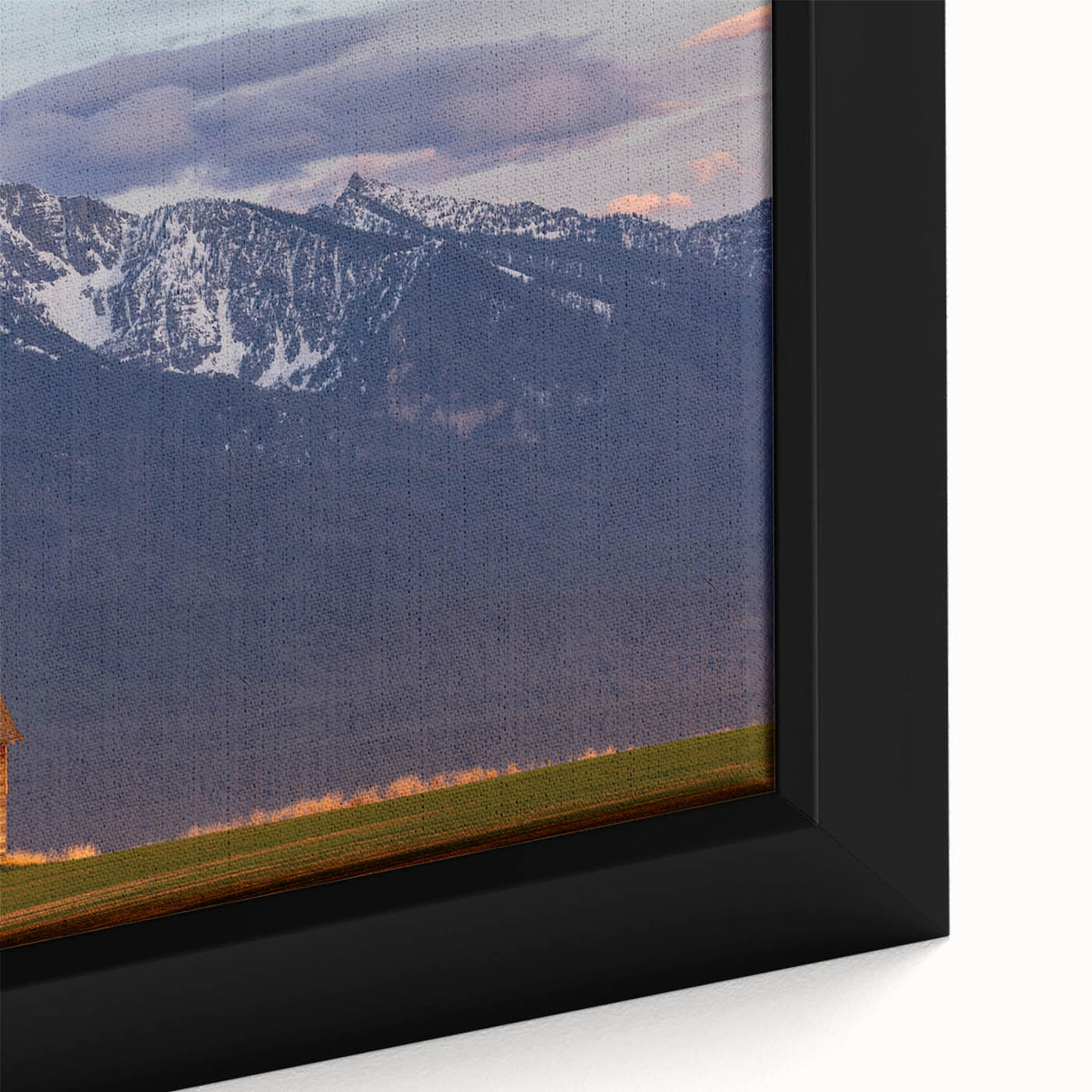 Black framed canvas depicting a textured, colorful Montana landscape, ideal for living room decor.
