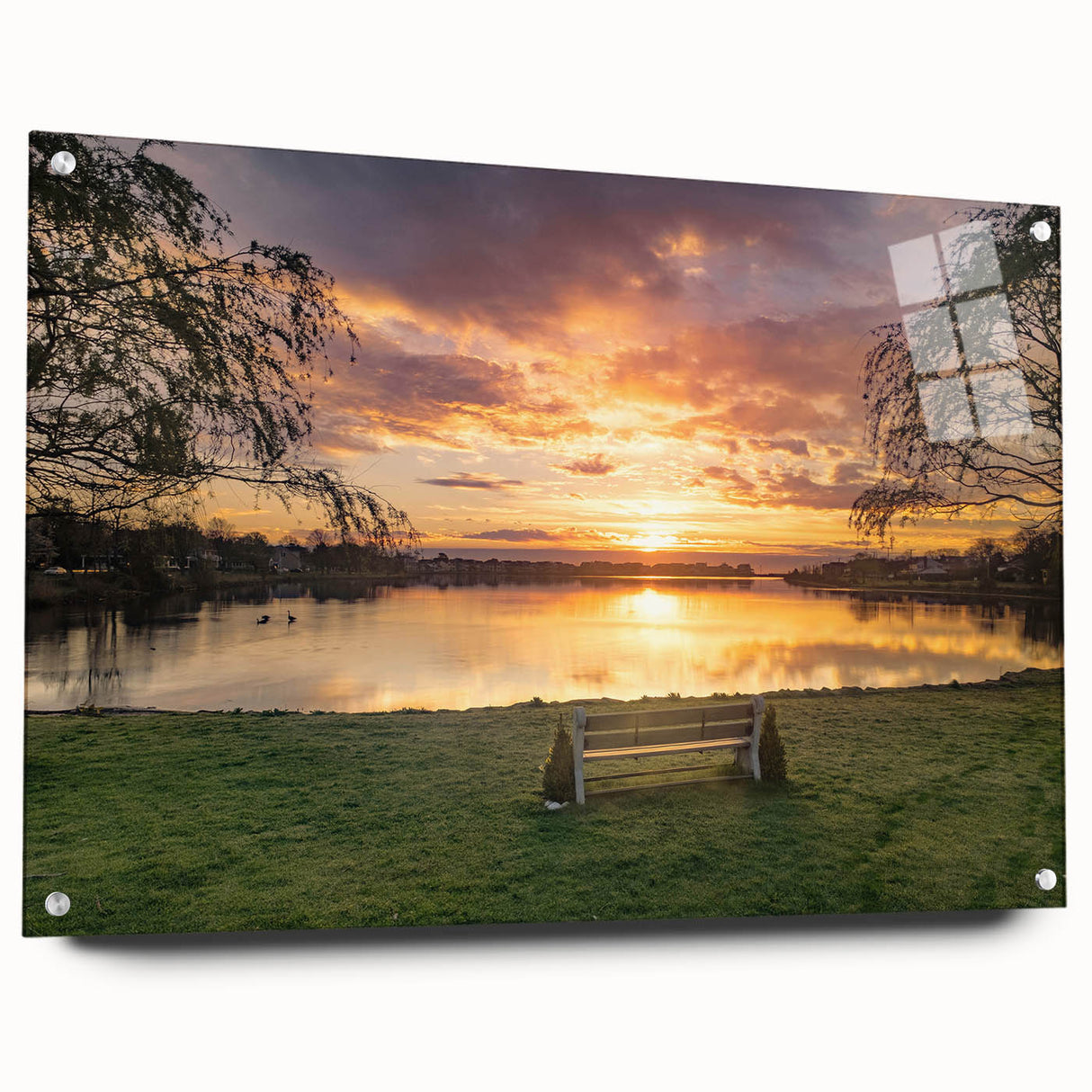 Large abstract wall art of New Jersey scenery in muted blue tones on acrylic glass, ideal for bedroom or dining room decor.