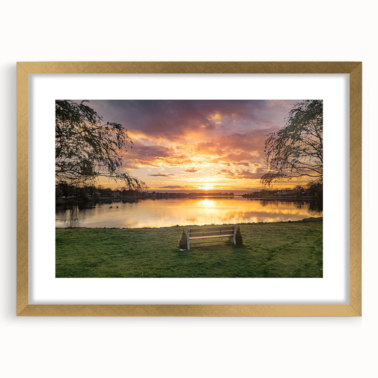 Extra large abstract art print of a textured New Jersey scenery in muted earth tones, framed in gold.