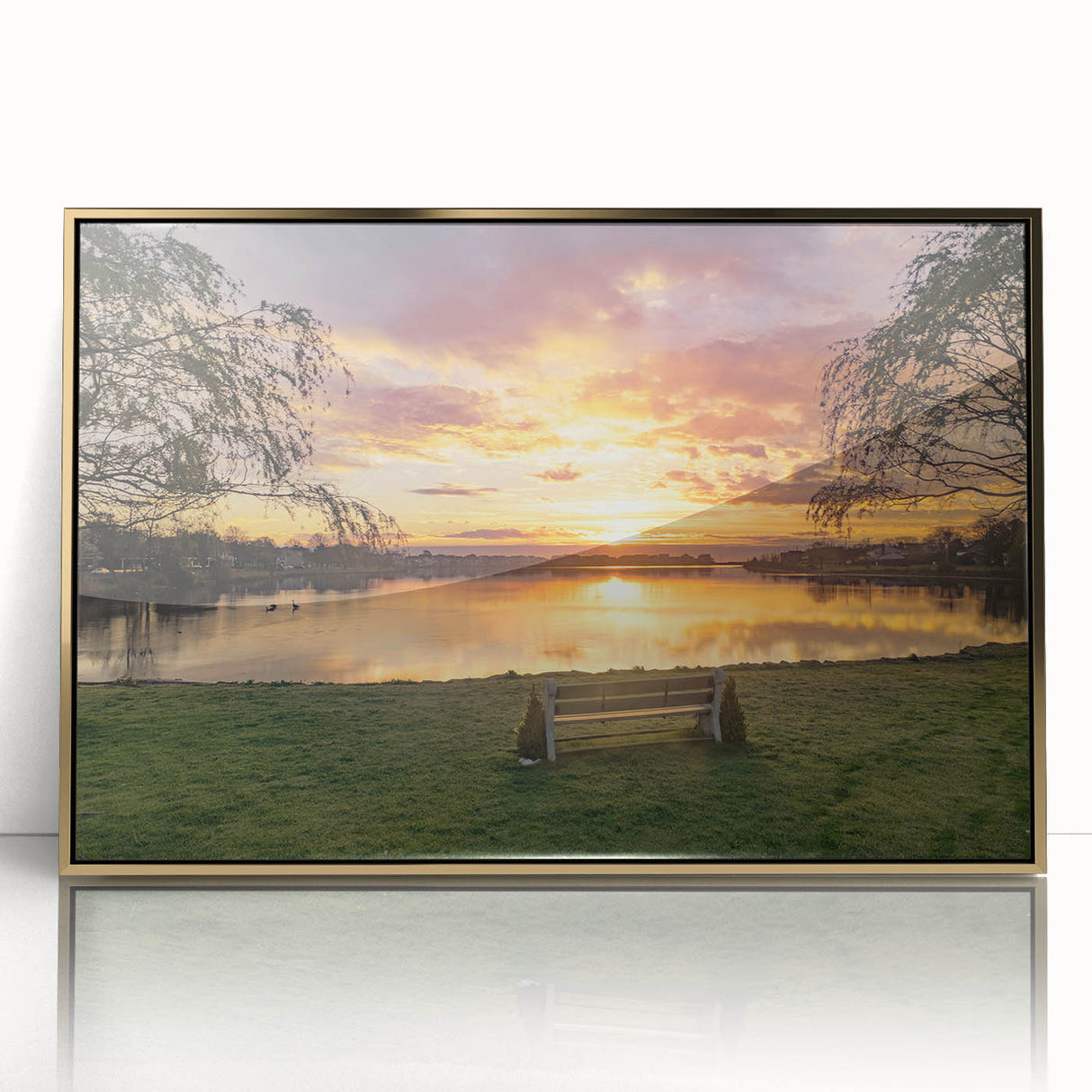 Large acrylic print of a serene New Jersey landscape in muted earth tones, framed in gold.