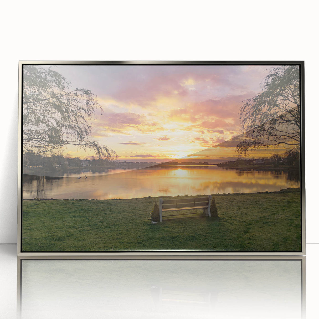 Mid-century modernist art depicting New Jersey scenery in muted earth tones on a silver-framed acrylic print.