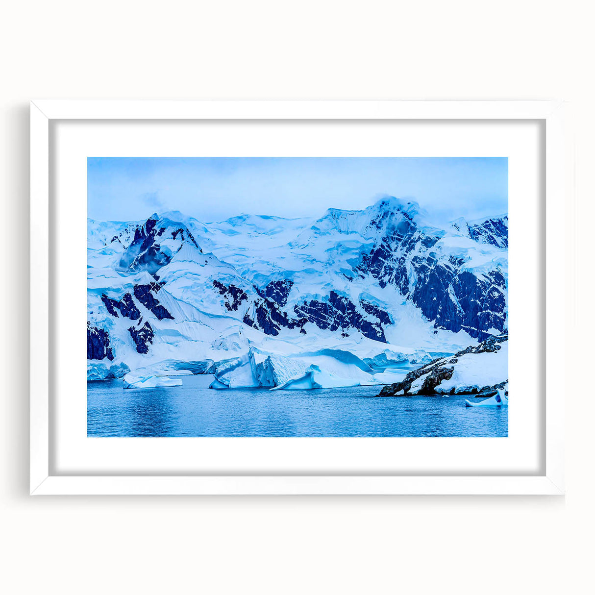 Abstract art print of Charlotte skyline in muted blue and gray hues on a framed white mat, ideal for dining room decor.