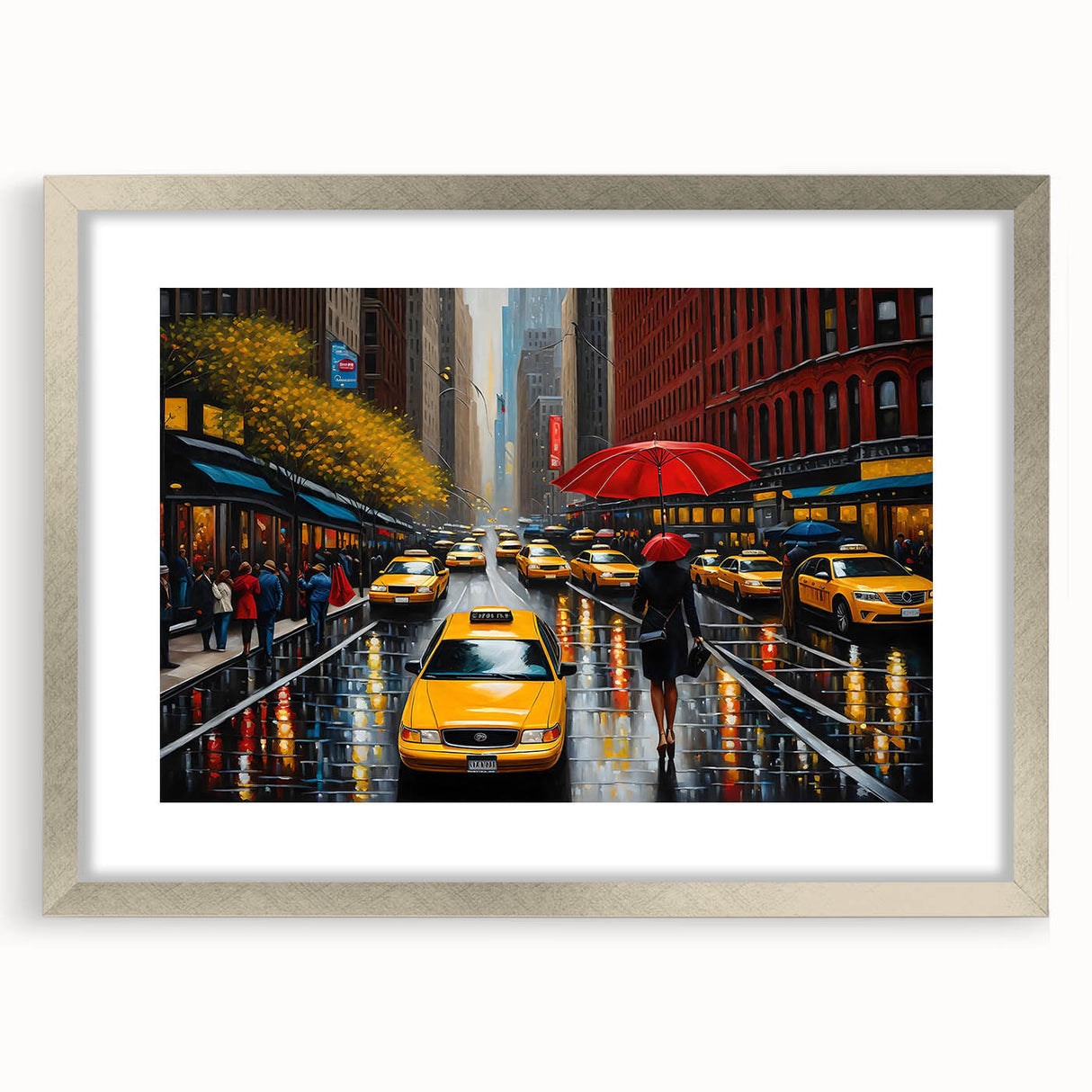 Textured art depicting an abstract Manhattan skyline in muted gray and blue tones, framed in silver, ideal for bedroom decor.