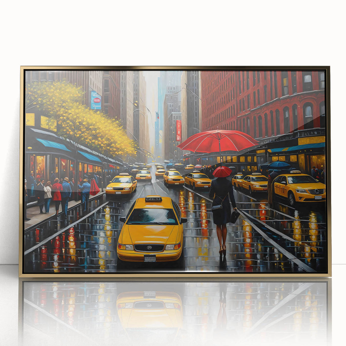 Acrylic print of Manhattan skyline in gold and black tones, framed, ideal for modern art wall decor.