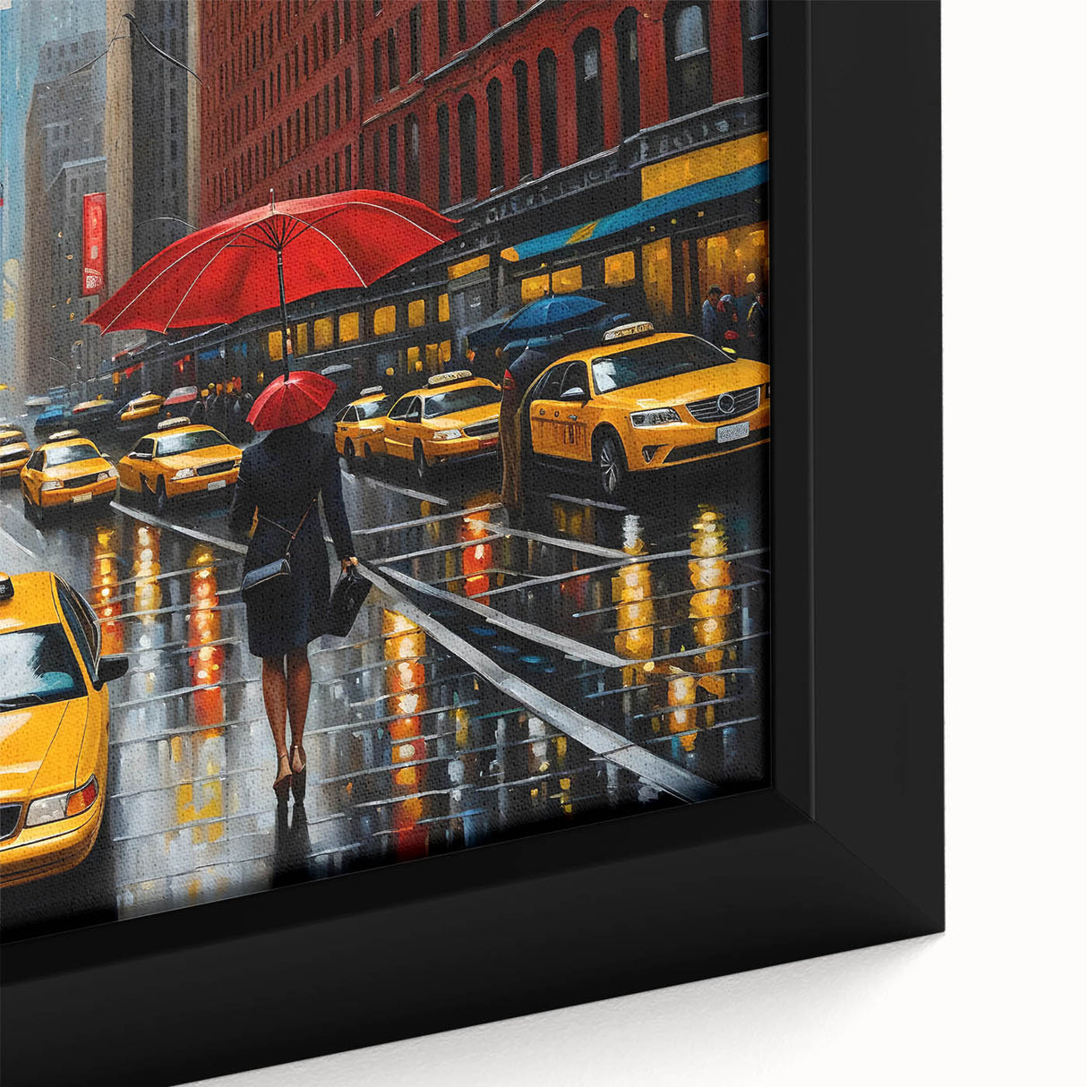 Black wall art featuring a textured Manhattan skyline in vibrant colors on a large framed canvas.
