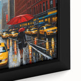 Black wall art featuring a textured Manhattan skyline in vibrant colors on a large framed canvas.